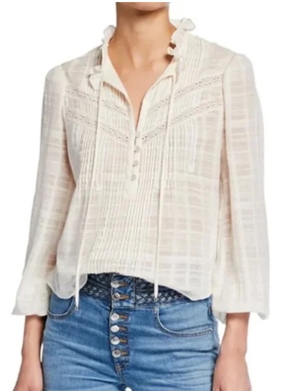 Veronica Beard Jamie Pintucked Peasant Ruffle Cotton Blouse Size 8